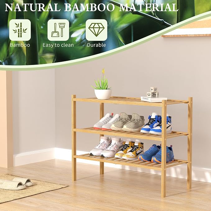 3 Tier Bamboo Shoe Rack for Closet Free Standing Wood Shoe Shelf Storage - Image 6