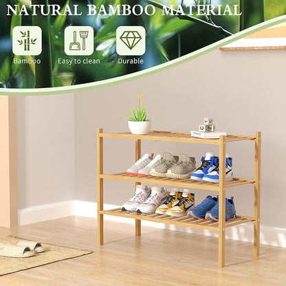 3 Tier Bamboo Shoe Rack for Closet Free Standing Wood Shoe Shelf Storage - Image 6