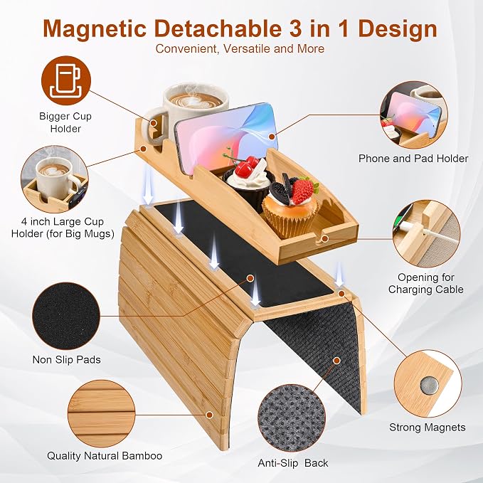 Joy&Grace Couch Cup Holder, 3-in-1 Magnetic Detachable Couch Arm Tray, Bamboo - Image 5