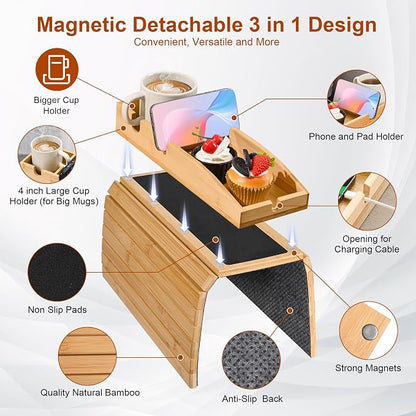 Joy&Grace Couch Cup Holder, 3-in-1 Magnetic Detachable Couch Arm Tray, Bamboo - Image 5