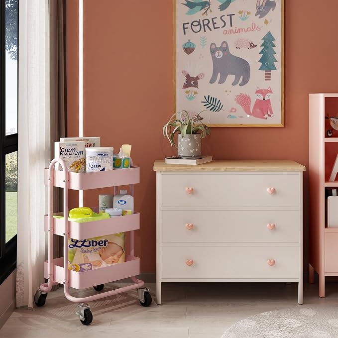 Metal Rolling Cart, 3-Tier Pink Rolling Cart - Image 4