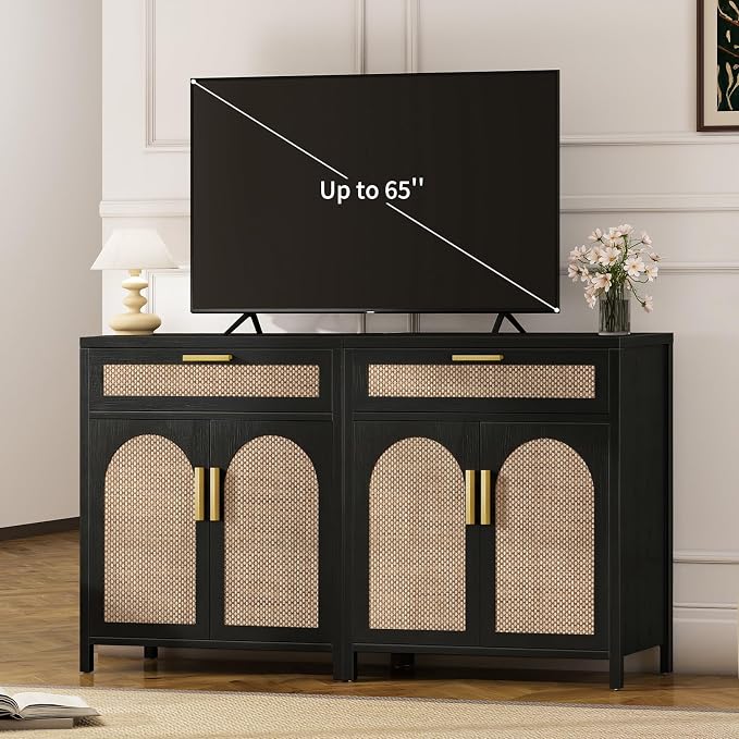 Rattan Buffet Cabinet with Storage Set of 2, Sideboard Cabinet with Doors and - Image 3