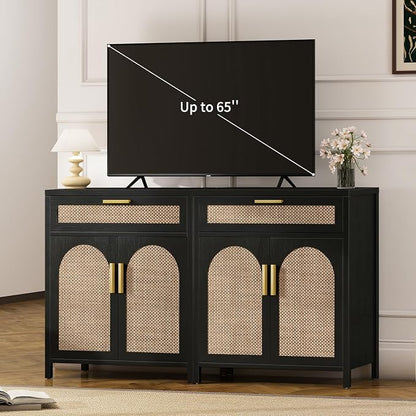 Rattan Buffet Cabinet with Storage Set of 2, Sideboard Cabinet with Doors and - Image 3