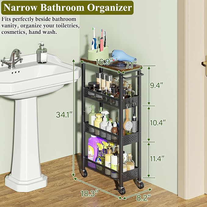 Utility Slim Storage Cart, 4 Tier Small Rolling Kitchen Laundry Room Cart - Image 2