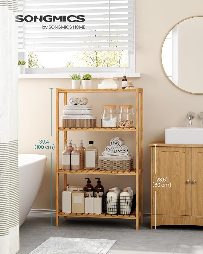 SONGMICS Bamboo Storage Shelf, 4-Tier Shelving Unit, in The Entryway, Living - Image 3