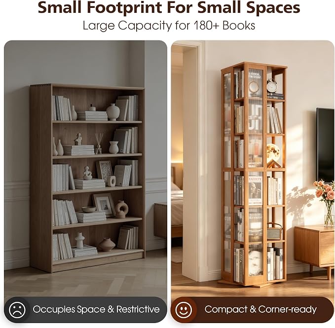 Rotating Bookshelf Tower 6-Tier, Space Saving Spinning Bookcase, Tall Narrow - Image 7