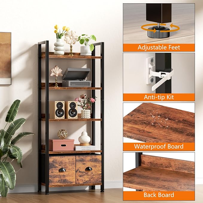 Furologee 5-Tier Bookshelf Set of 2, Tall Bookcase - Image 6
