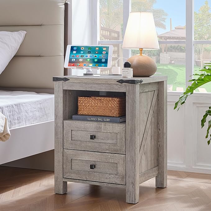 Nightstands Set of 2 with Charging Station, Farmhouse Night Stand with 2 - Image 4