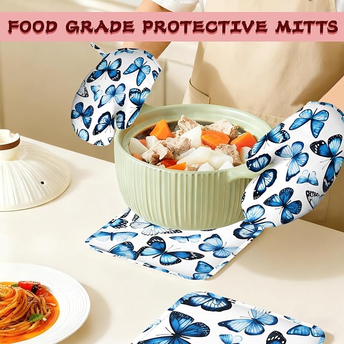 Blue Butterfly Heat-Resistant Silicone Oven Mitts and Pot Holder 4 Piece Set - Image 7