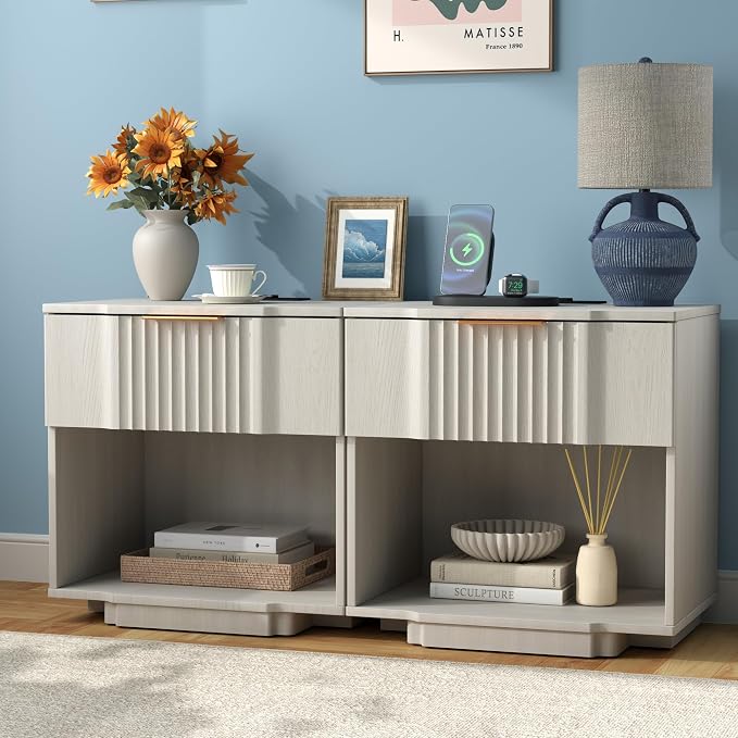 Yechen Fluted Nightstand with 20W Fast Charging Station - Image 9
