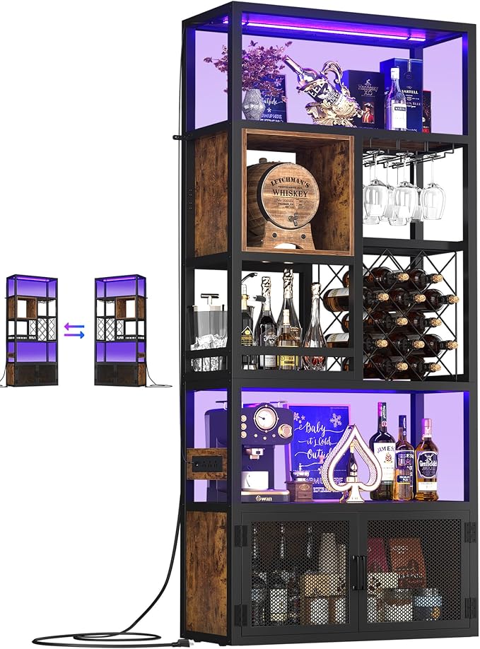 82.6" Tall Bar Cabinet with Power Outlets, 6-Tiers Reversible Wine Cabinet with by Armocity