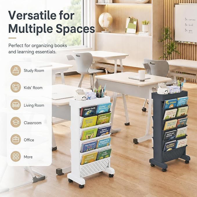 6-Tier Rolling Bookshelf Magazine Rack - Image 7
