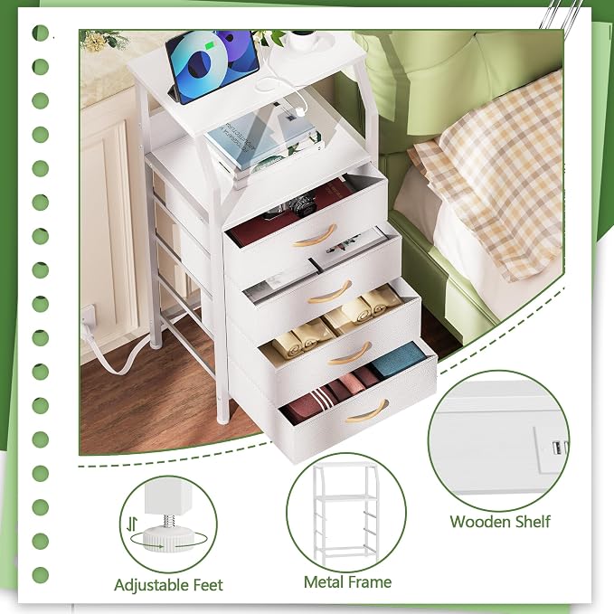 Furnulem White Nightstand with Charging Station, 4 Drawers Bedside Table | 33.3 - Image 7