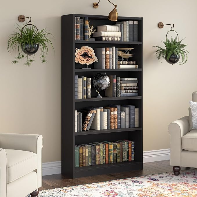 Bush Furniture Universal Tall 5 Shelf Bookcase in Black, Vertical Storage and - Image 2
