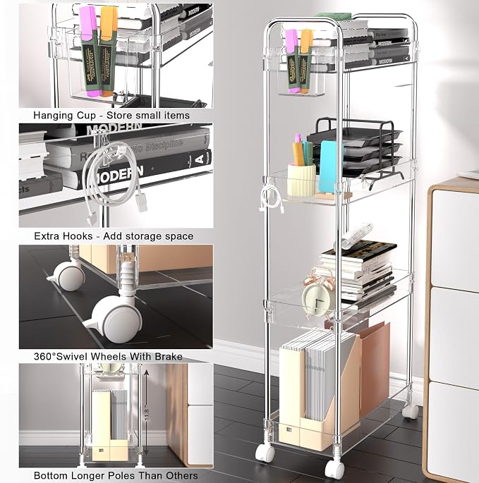 SPACEKEEPER Acrylic Rolling Storage Cart 4 Tier Clear Bathroom Cart Organizer - Image 3