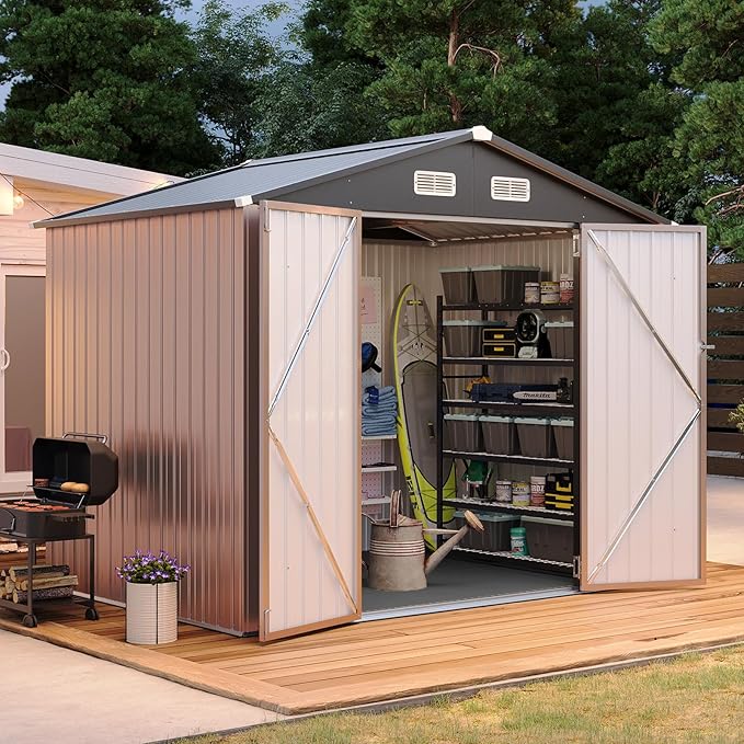 Aoxun 8x6FT Shed with Floor Galvanized Steel Outdoor Storage Shed Metal Garden by Aoxun