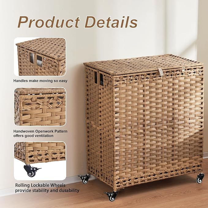 Laundry Hamper with Wheels&Lid, 50.2 Gallons Rolling Laundry Basket with Wheels - Image 7