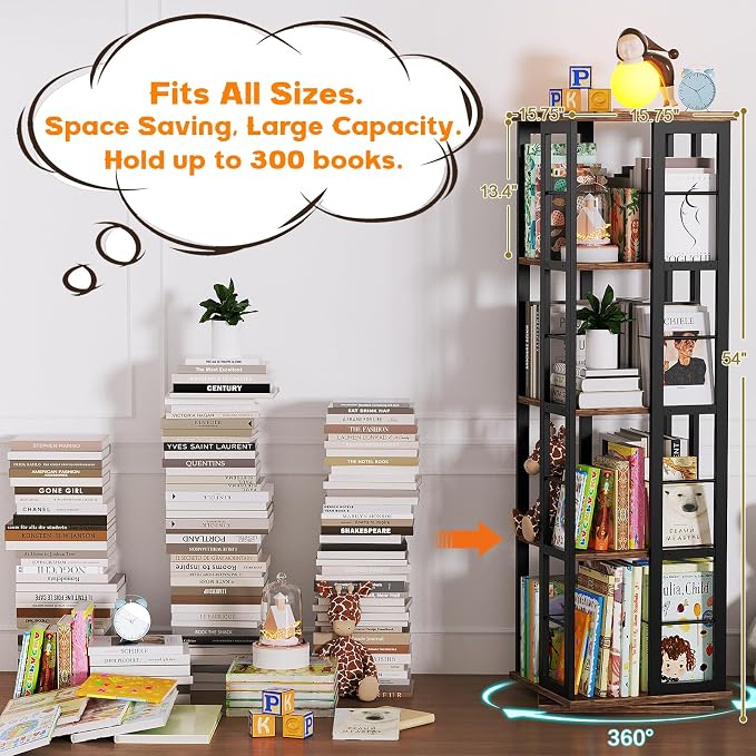 Aheaplus Rotating Bookshelf, Corner Bookshelf, 360 Display Wood Spinning - Image 4