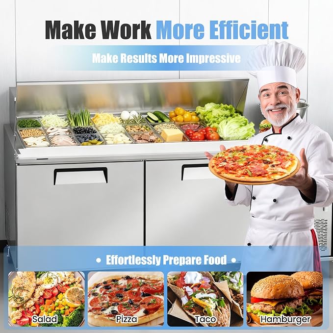 60" W Commercial Refrigerator Sandwich Salad Prep Table, Stainless Steel 2-Door - Image 3