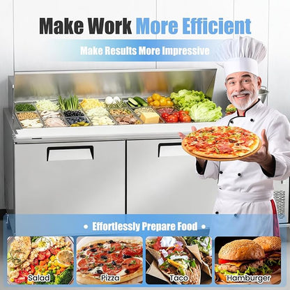 60" W Commercial Refrigerator Sandwich Salad Prep Table, Stainless Steel 2-Door - Image 3