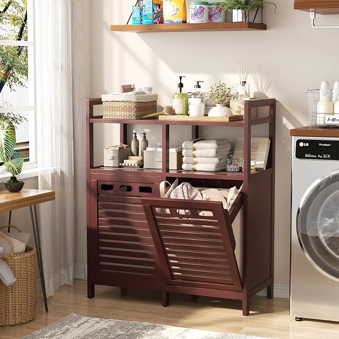 Homykic Tilt Out Laundry Hamper Cabinet, Bamboo Double Laundry Hamper - Image 3