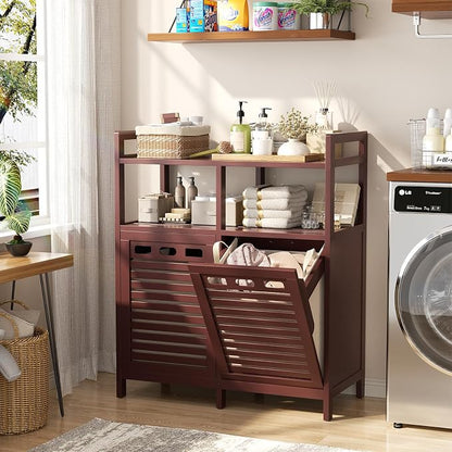 Homykic Tilt Out Laundry Hamper Cabinet, Bamboo Double Laundry Hamper - Image 3