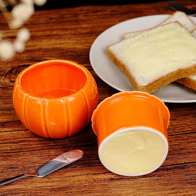 SETRON Halloween Pumpkin Butter Crock, Ceramic Butter Keeper - Image 5