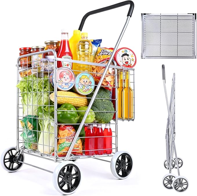 Folding Shopping Cart with Double Baskets, Collapsible Grocery Rolling Utility by supenice