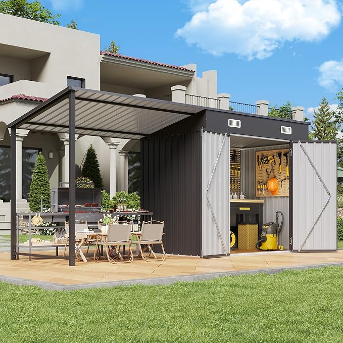 Aoxun 5.6x3.5FT Outdoor Storage Shed & Hardtop Gazebo Combo | 12x3.5FT Metal - Image 5