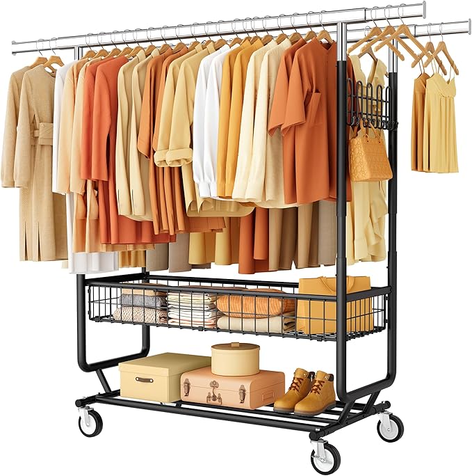 Heavy Duty Clothes Rack with Metal Basket, 720 LBS Rolling Double Rod Garment by Gewudraw