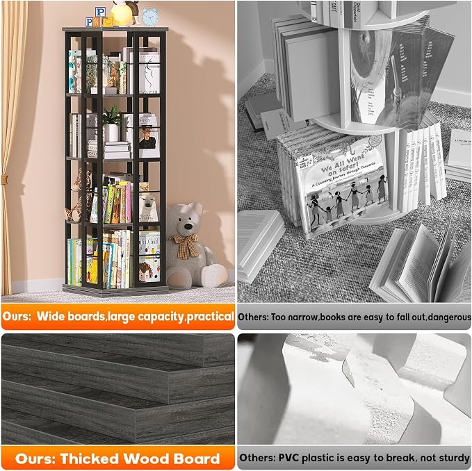 Aheaplus Rotating Bookshelf, 4-Tier Corner Bookshelf, 360 Display Wood Spinning - Image 7