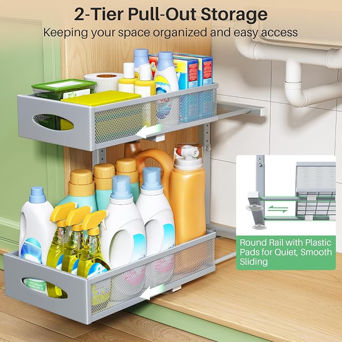 Under Sink Organizer, 2 Pack 2 Tier Pull out Cabinet Organizer Baskets - Image 3