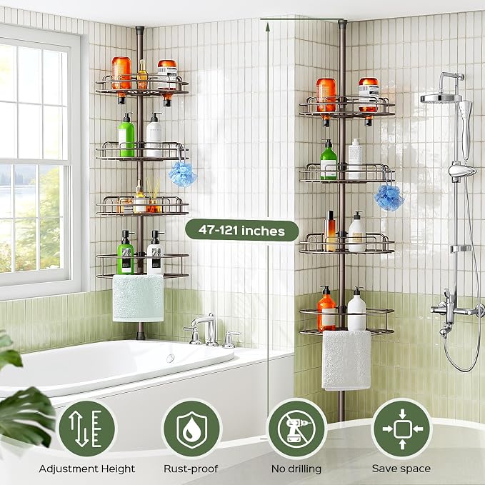 HAMITOR Corner Shower Caddy Tension Pole: 4-Tier Rust-Resistant Adjustable - Image 7