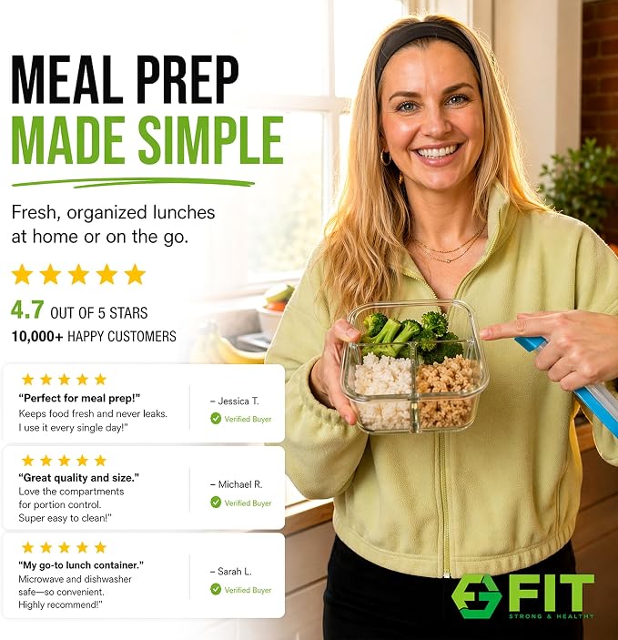 FIT Strong & Healthy Glass Meal Prep Containers, 2 & 3 Compartments - Image 8