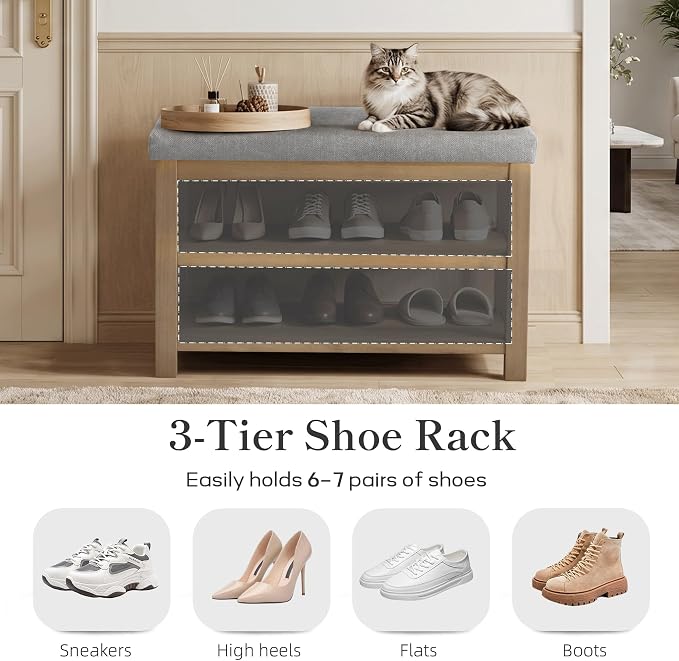 Zihanhome Shoe Rack Bench with Cushion, 2 Tier Solid Wood Storage Bench - Image 6