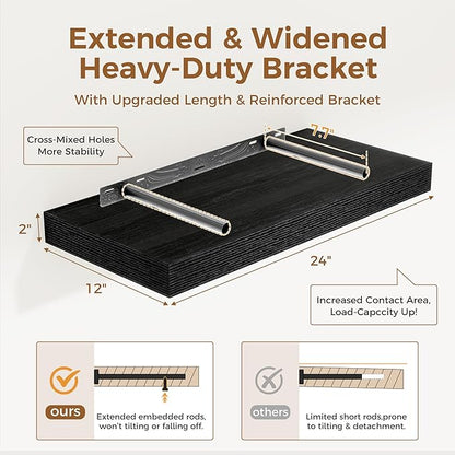 12 Inch Deep Black Floating Shelves, 24 x 12 Floating Shelf - Image 3