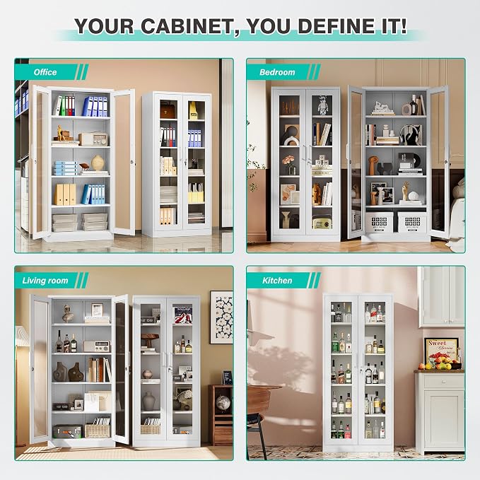 Metal Storage Cabinet with Lock and Glass Doors, Glass Display Cabinet - Image 4