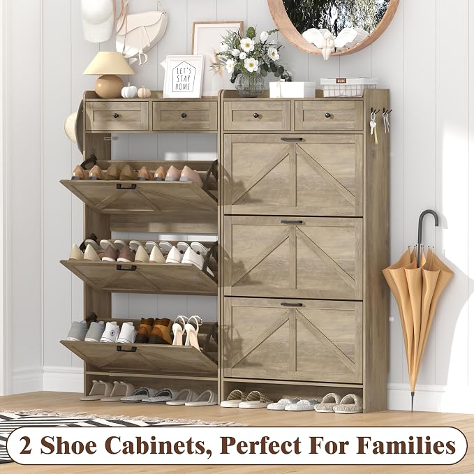Thacuok Shoe Cabinet with 3 Flip Drawers & 2 Storage Drawers, Rustic Farmhouse - Image 9