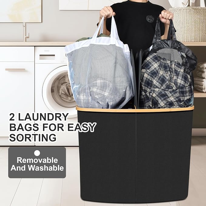 Large Laundry Hamper with Lid 205L, Collapsible 2-Section Dirty Clothes Basket - Image 3