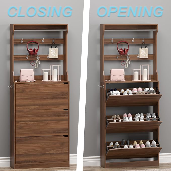 BORNOON Shoe Cabinet with 3 Flip Drawers & Coat Rack, Narrow Hidden Shoe - Image 5