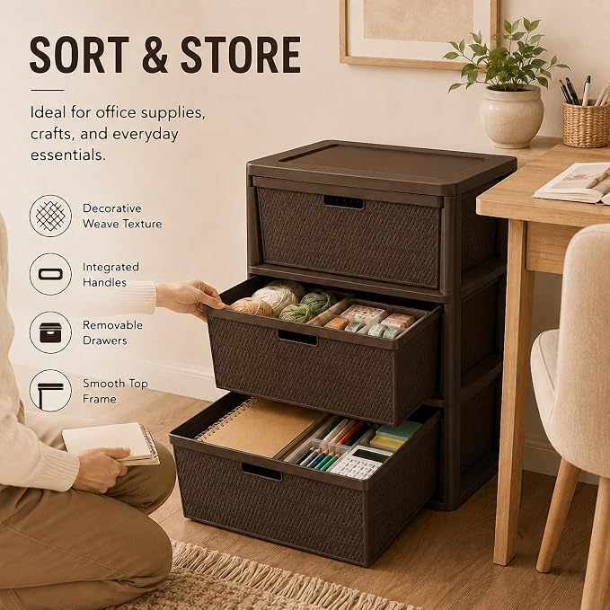 Wide 3-Drawer Plastic Storage Tower, Decorative Organizer Chest, BPA-free - Image 7