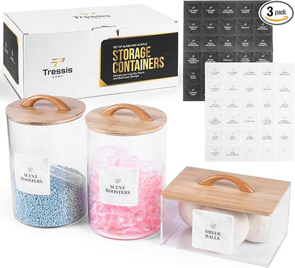 Laundry Pod Storage Container Set | Two 3L Glass Jars & One Acrylic Dryer Sheet by Unknown
