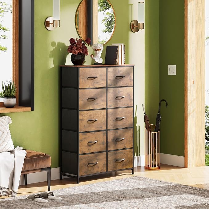 WLIVE Tall Dresser for Bedroom, Rustic Brown Wood Grain Print | 10 Drawers - Image 4