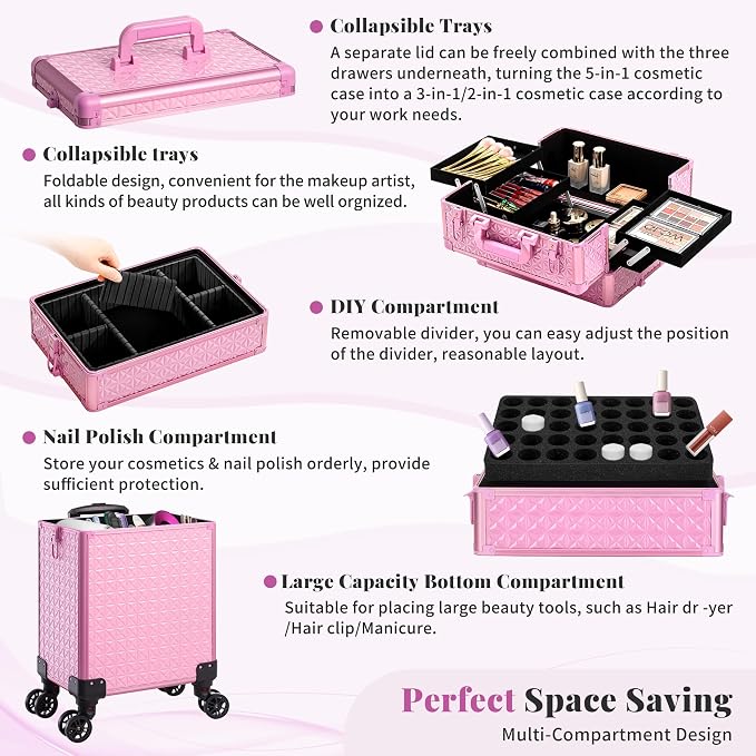 AROUS 5 in 1 Rolling Makeup Train Case Cosmetology Case on Wheels Large - Image 7