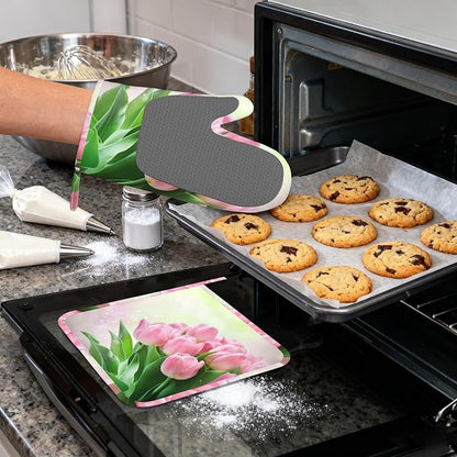 Pink Tulips Romantic Silicone Oven Mitts and Pot Holders, Heat-Resistant 4 - Image 4