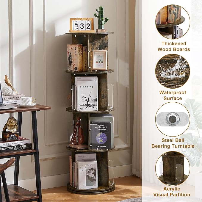 VECELO Rotating Bookshelf Tower, 360°Revolving Bookcase, Round Book Shelf - Image 4