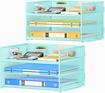 Subekyu 2-Pack 3-Tier Blue Metal Mesh Desk Paper Letter Tray & File Sorter by SUBEKYU