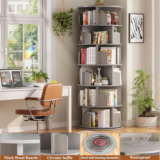 Aheaplus 6 Tier Rotating Bookshelf, Wood Spinning Bookshelf Tower, Round - Image 4