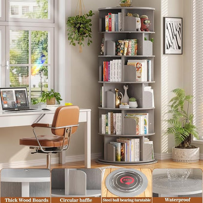 Aheaplus 6 Tier Rotating Bookshelf, Wood Spinning Bookshelf Tower, Round - Image 4