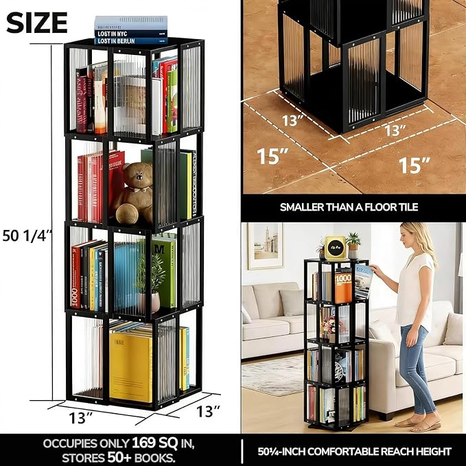 BAMEOS Rotating Bookshelf Tower 4 Tier, 360 Spinning Bookcase - Image 3